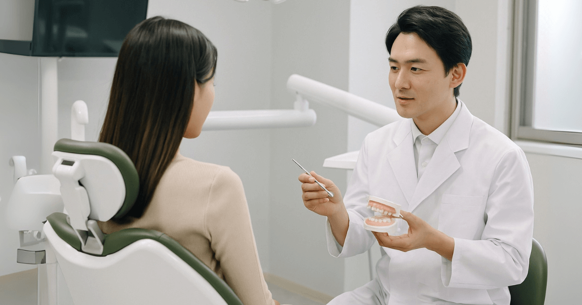 歯科医が模型を使って患者に説明する様子