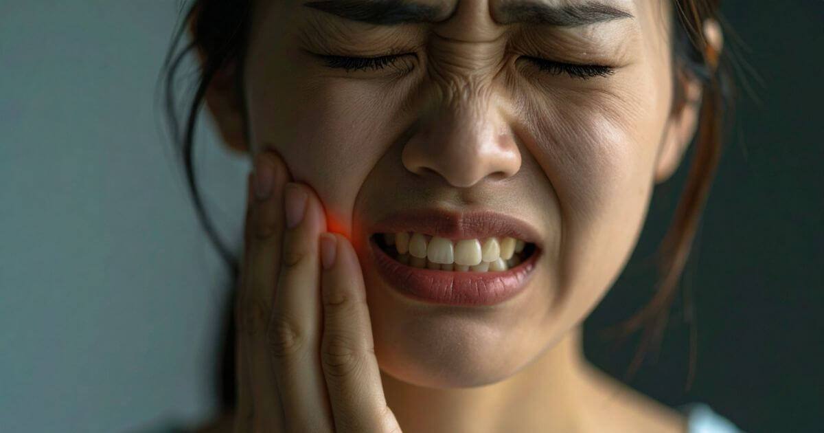 親知らずの抜歯後に頬の痛みで顔を押さえる女性