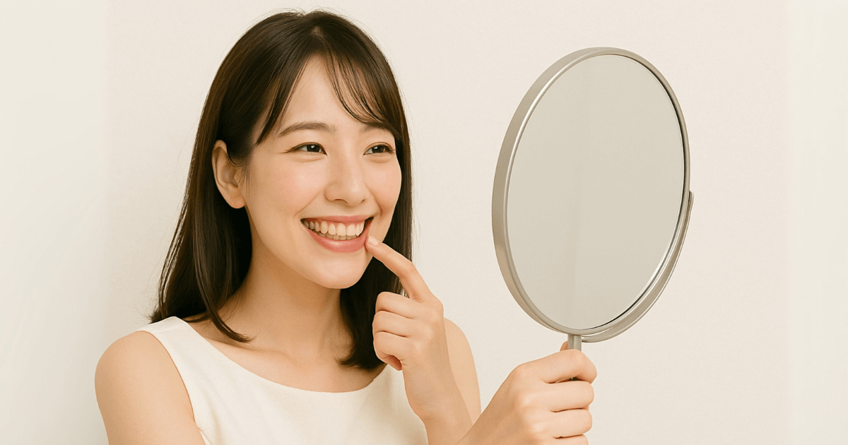鏡を見ながら歯を指で確認する女性
