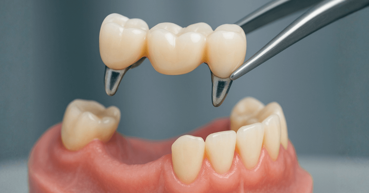 ブリッジ治療の模型を使って歯を補う仕組みを説明している様子