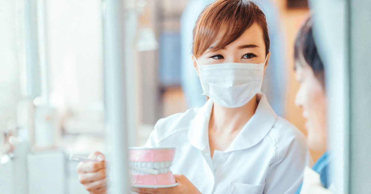 歯科衛生士が模型を使ってセルフケア方法を説明している様子