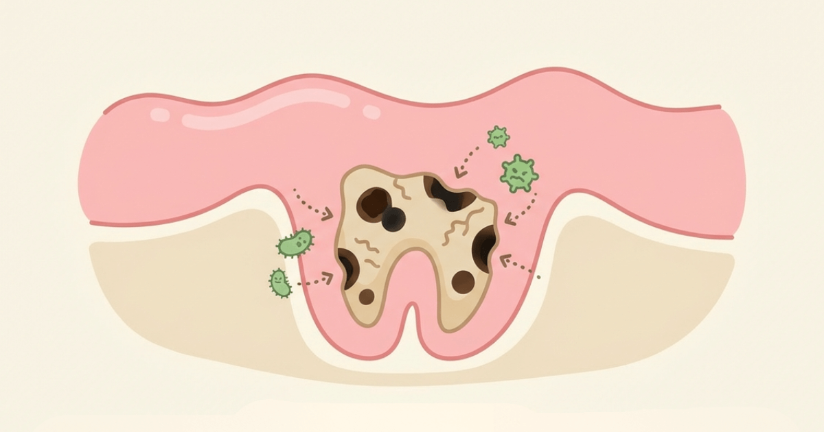 親知らずの根っこが残り、その部分が虫歯になっているイラスト