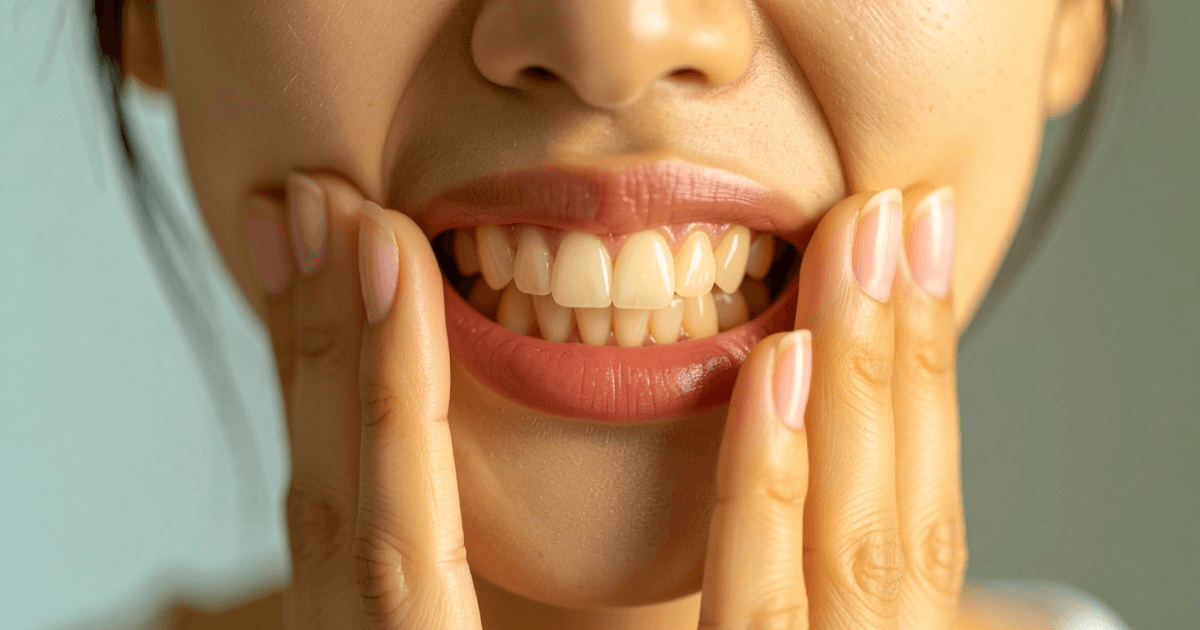 虫歯の進行を示すように歯の状態を気にして口元に手を当てる女性のイメージ