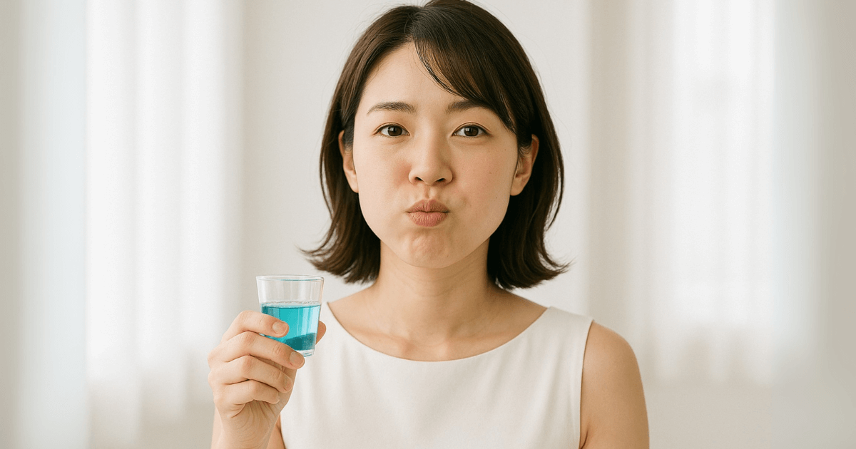 うがい薬で口をすすぐ女性の写真