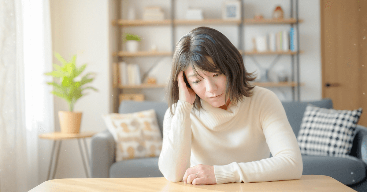 抜歯後に歯の欠片が残っているか気になり、頬に触れて確認する女性のイメージ